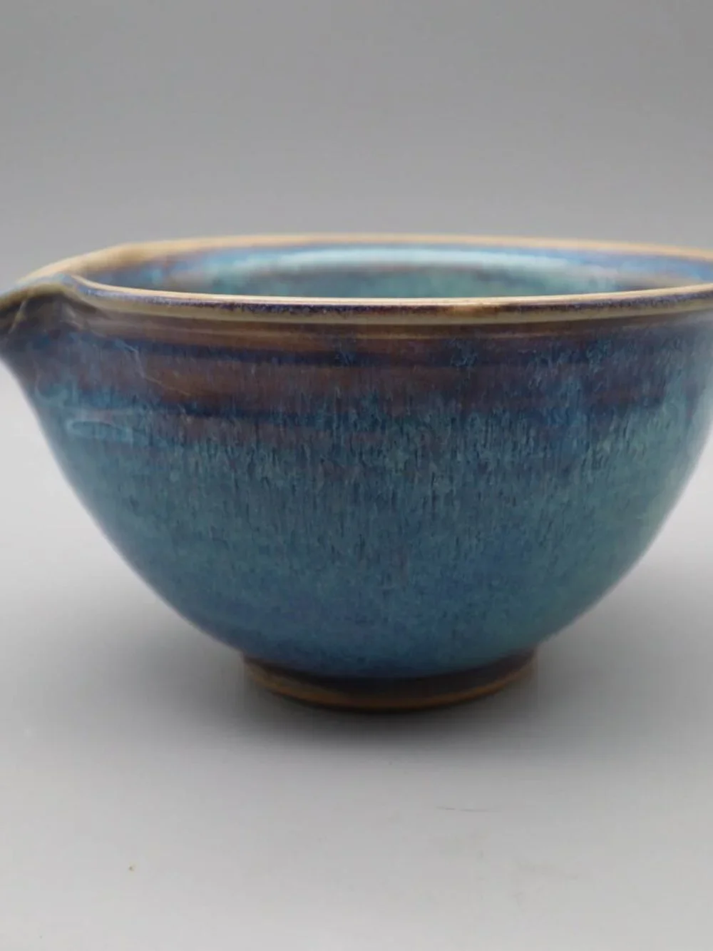 Small Studio Art Pottery Mixing Batter Bowl w/ Spout Blue Drip Glaze Signed AD